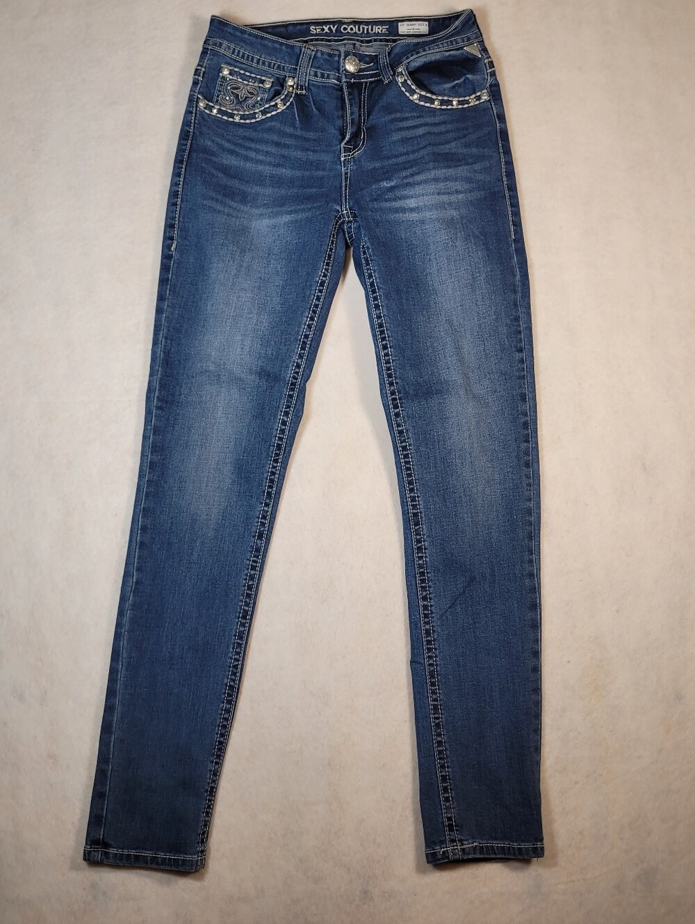 Sexy Couture Embellished Fit Boot Jeans Women's Size 9 Blue Distressed Denim